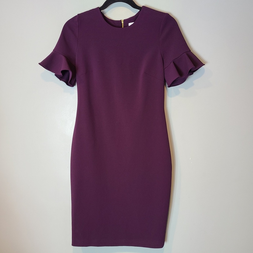 Calvin Klein Dress Women Size 4 Purple Sheath Crepe Ruffle Sleeve Career Knee